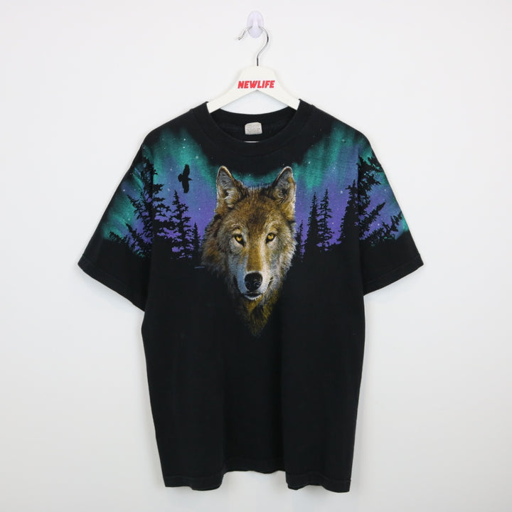 Vintage 1999 Wolf Northern Lights Nature Tee - L-NEWLIFE Clothing