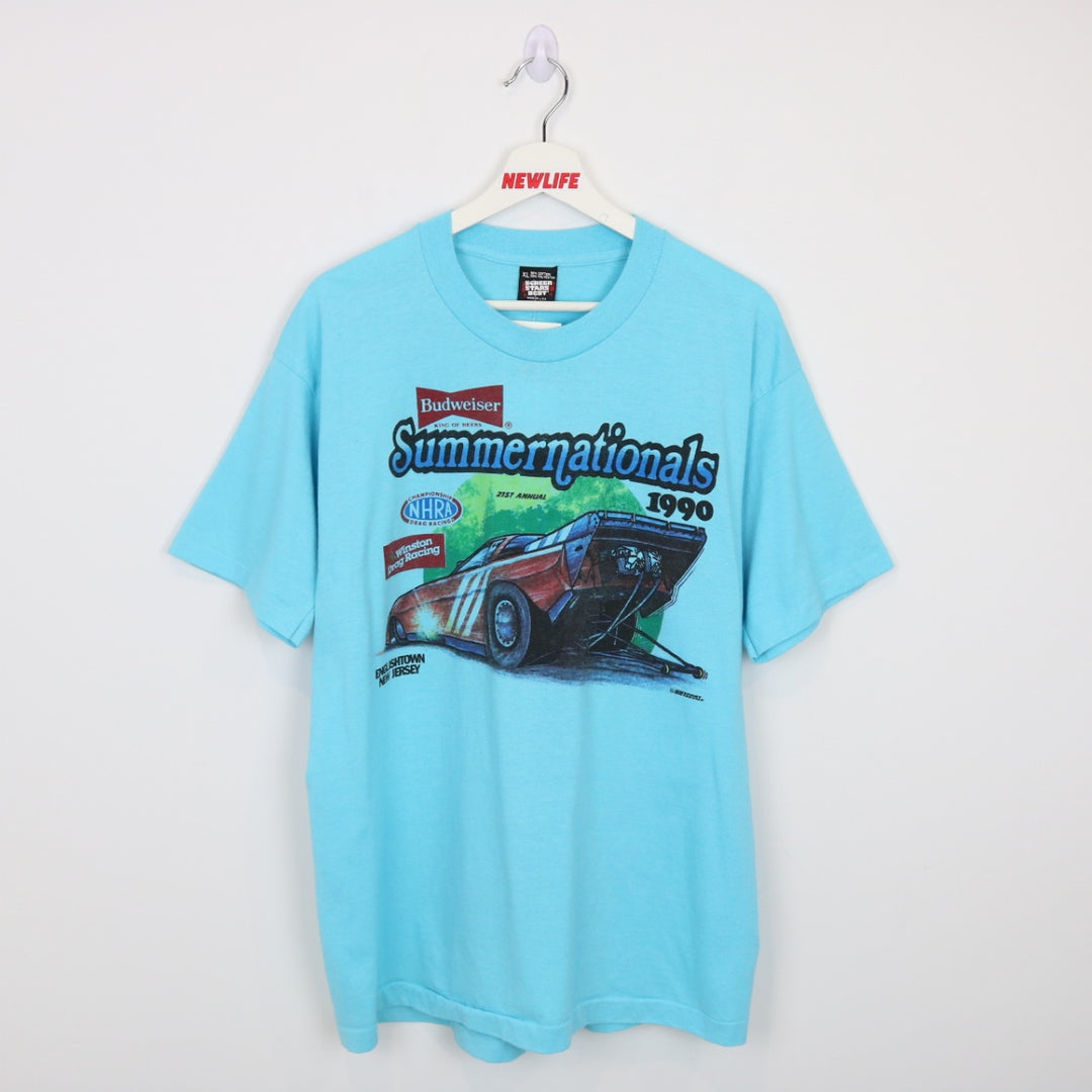 Vintage 1990 Budweiser Summer Nationals Drag Racing Tee - L-NEWLIFE Clothing