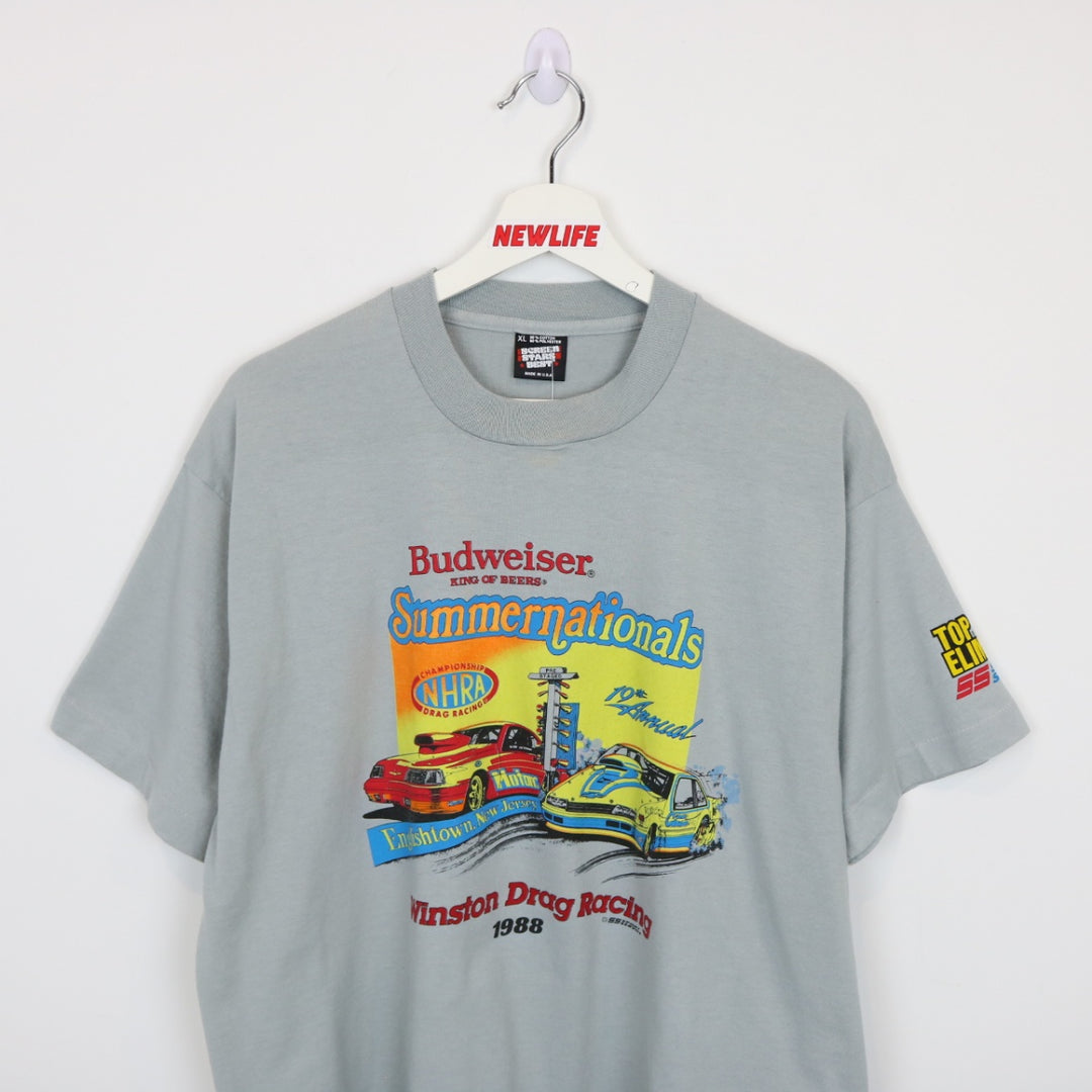 Vintage 1988 Budweiser Summer Nationals Drag Racing Tee - L-NEWLIFE Clothing
