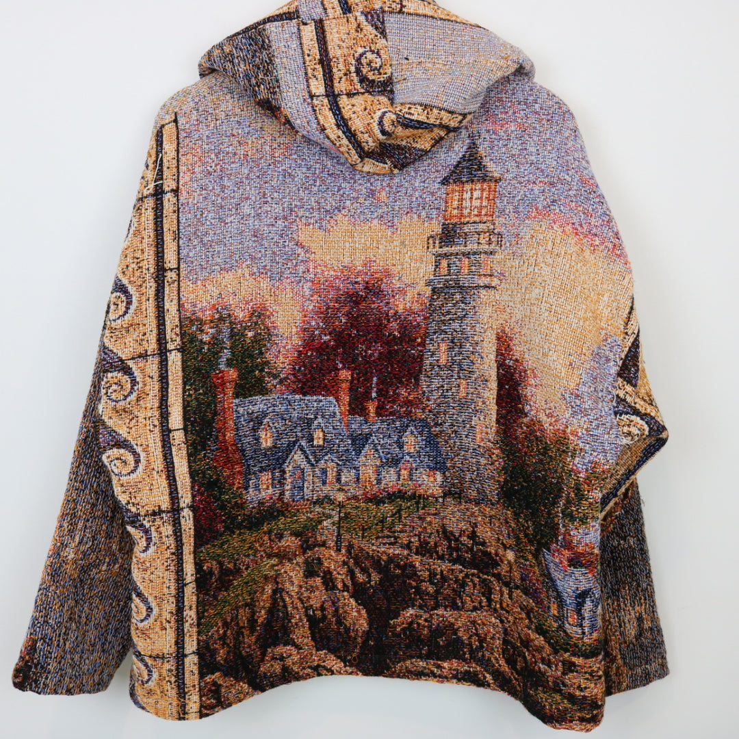 Reworked Vintage Thomas Kinkade Lighthouse Nature Tapestry Hoodie - L-NEWLIFE Clothing