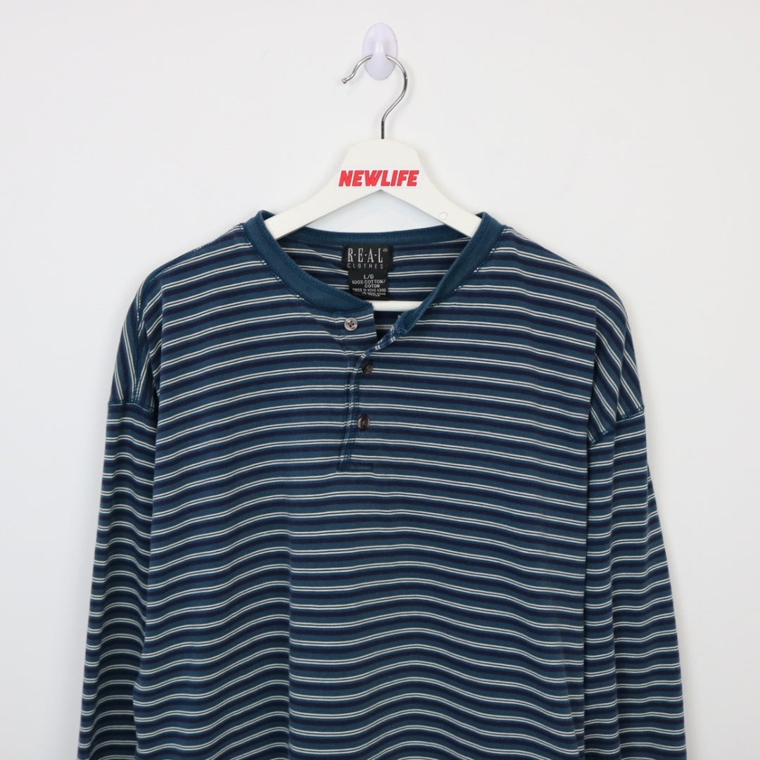 Vintage 90's Striped Henley Long Sleeve Tee - M-NEWLIFE Clothing